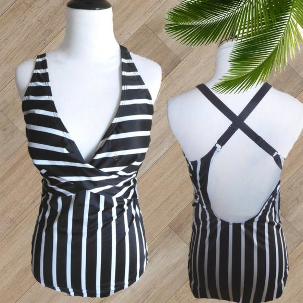 BLACK & WHITE STRIPE HALTER ONE PIECE SWIMSUIT